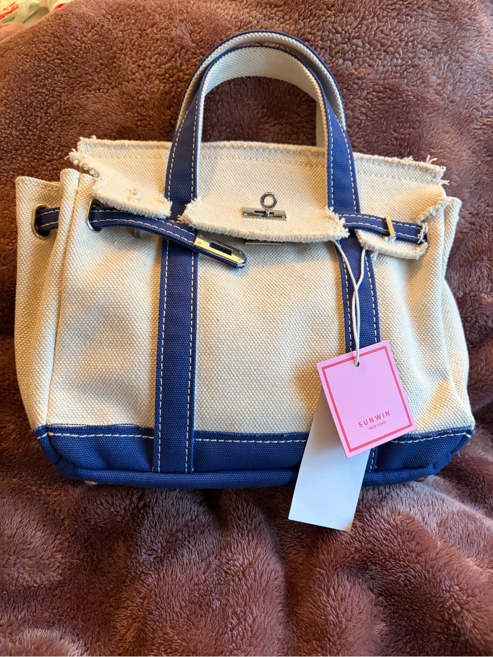 Canvas Tote Bag in Natural and Navy